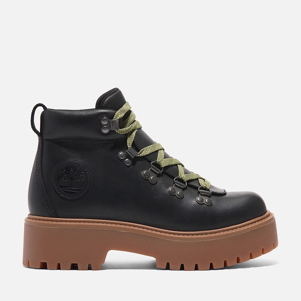 Timberland Women's Black Leather Boots with Green Laces